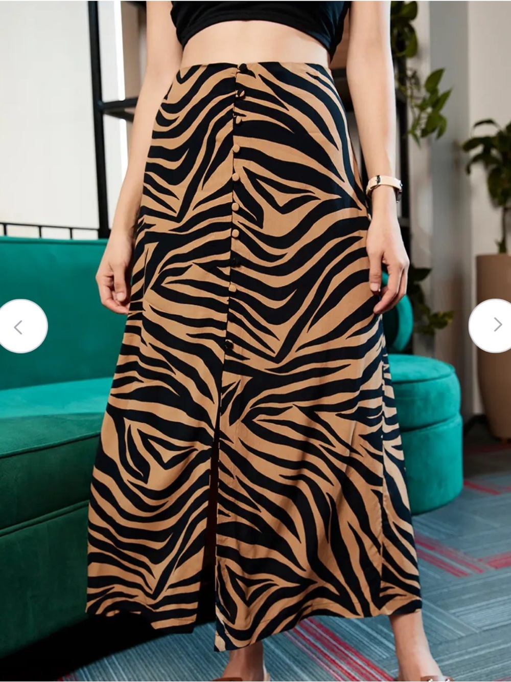 Mango Black and Brown Animal Print Button-Front A-Line Midi Skirt